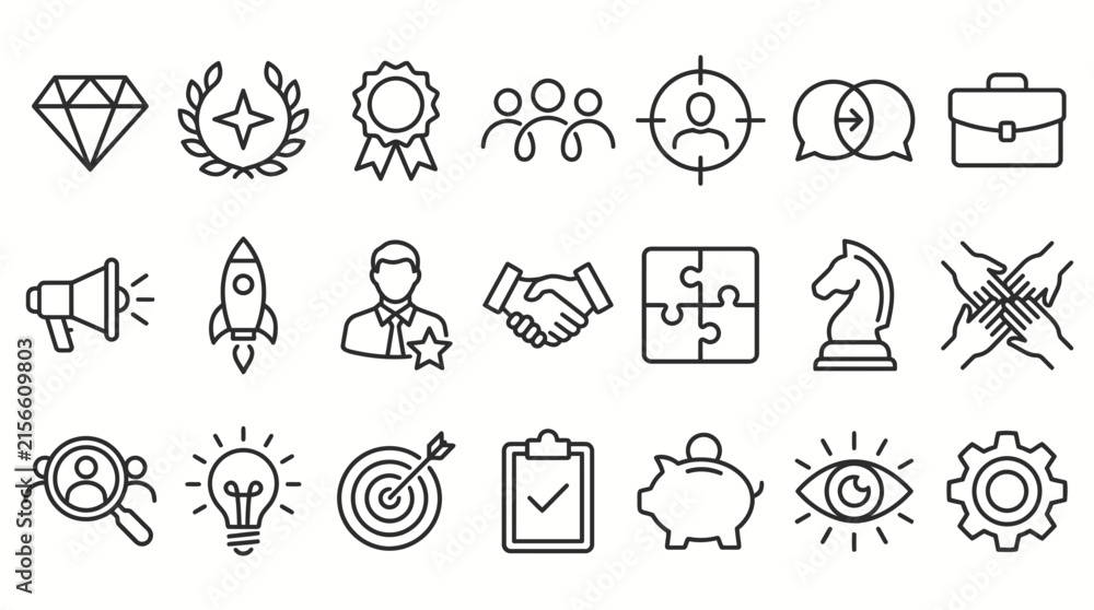 Fototapeta premium 21 Minimalist Monoline Vector Corporate Culture Strategy Icons