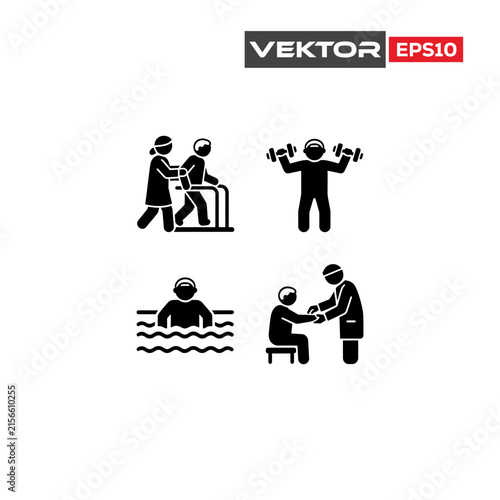 Physiotherapy and rehabilitation glyph icon set for medical recovery and physical therapy.
