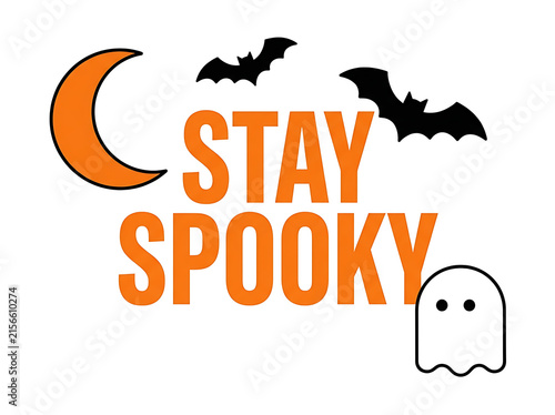 Halloween typography with crescent moon bats and ghost on a white background