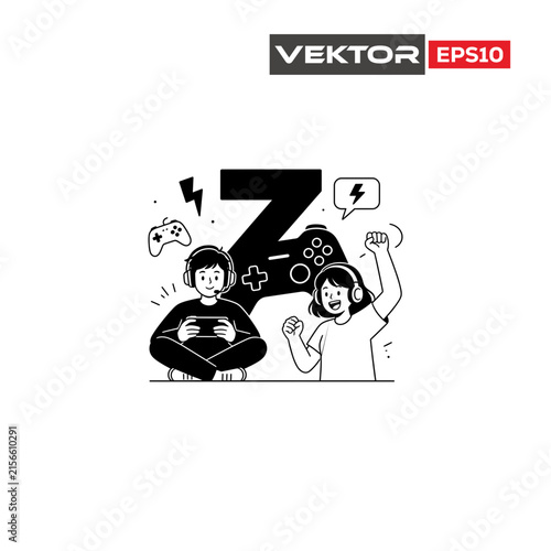 Young gamers playing video games with controllers and headsets in a flat vector illustration.