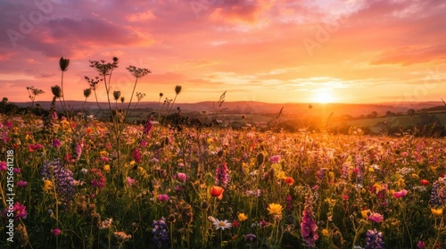 Colorful Spring Flower Field at Golden Sunset With Silhouetted Plants
