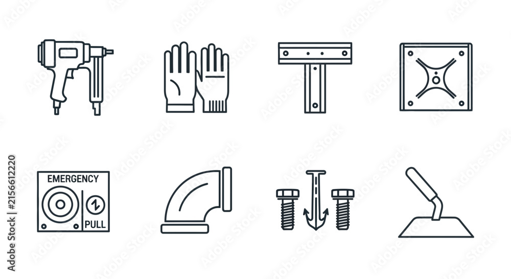 Fototapeta premium Set of eight industrial and construction equipment line art icons.