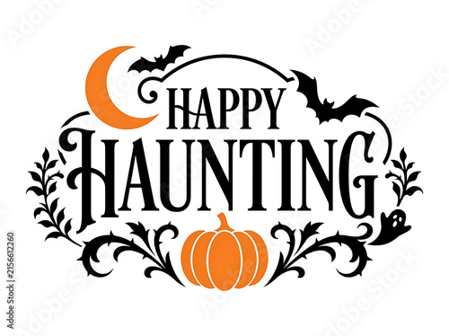 Happy haunting lettering with bats pumpkin and crescent moon vector illustration for halloween