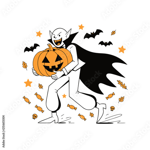 Vampire With Pumpkin Doodle Halloween Illustration