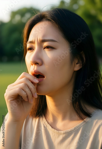 Young asian woman coughing ...