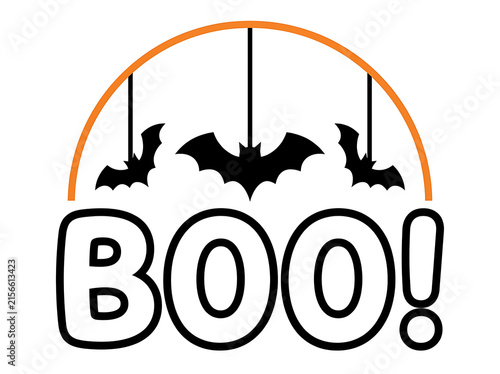 Halloween boo typography with bats and a crescent moon vector illustration on a white background