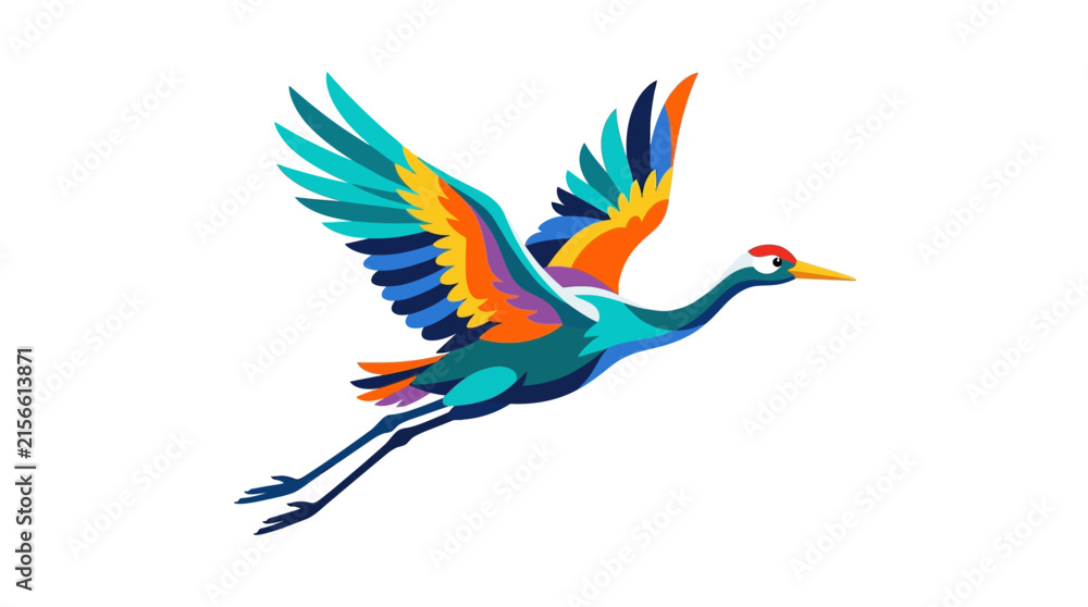 Naklejka premium Vibrant Colorful Crane Bird Flying Flat Vector Illustration Isolated