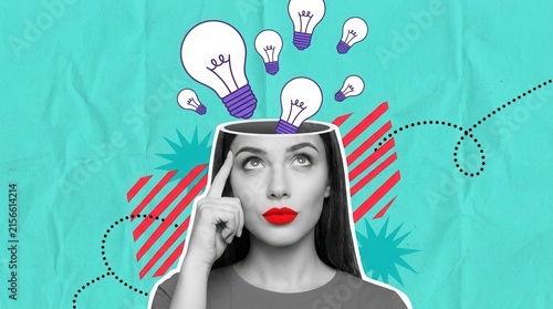 Woman with open head and creative idea lightbulbs on turquoise background
