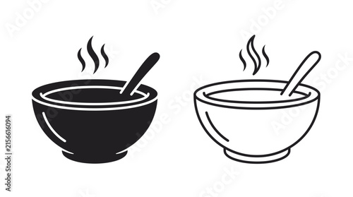 Bowl of soup with steam and spoon black and white line drawing