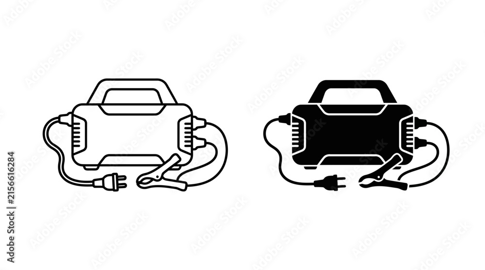 Obraz premium Jump starter with cables black and white vector illustration