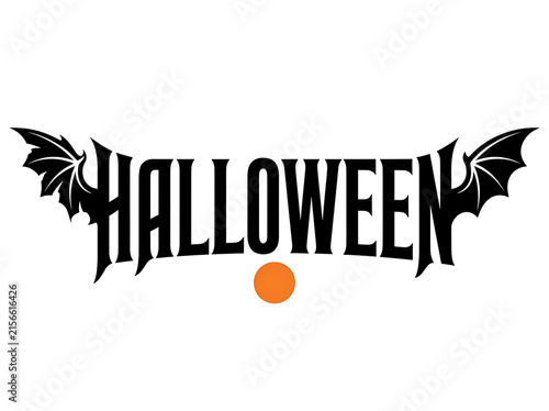 Halloween typography with bats and an orange dot on a white background