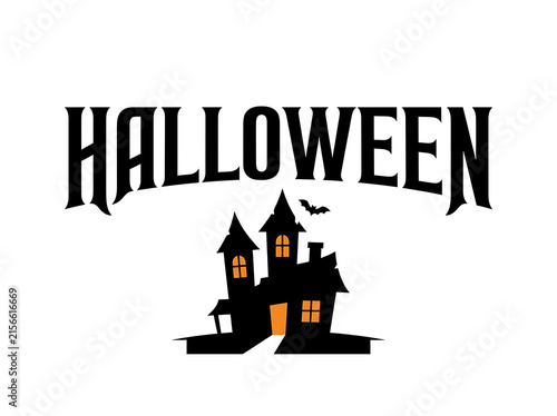 Halloween lettering with haunted house and bats illustration in black and orange