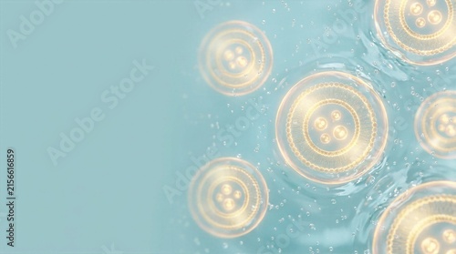 Abstract 3D render of glowing golden liposomes or exosomes floating in a light blue fluid representing advanced skincare and anti-aging cosmetic science.