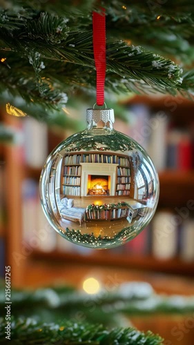 A Christmas ornament hangs on a tree, reflecting a library with a fireplace during the holiday season