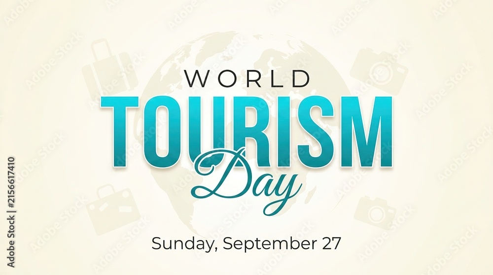 Fototapeta premium World Tourism Day poster with teal text and globe design on white background