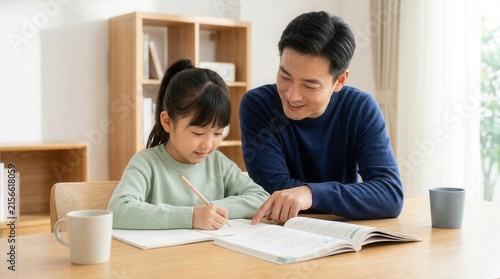 Young daughter receiving homework help from her Chinese father at home.