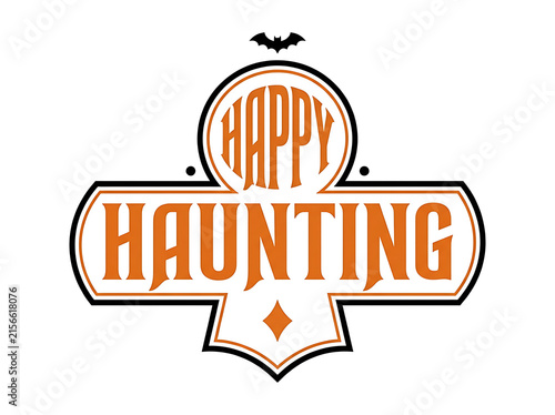 Happy haunting retro typography with bat silhouette on a white background for halloween designs