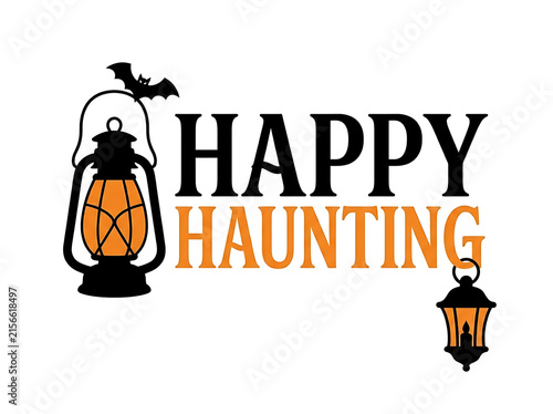 Happy haunting typography with lantern and bat illustration on a white background