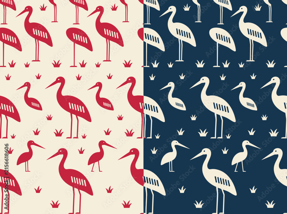 Naklejka premium Set of Two Seamless Minimalist Stork Bird Patterns in Red and Navy