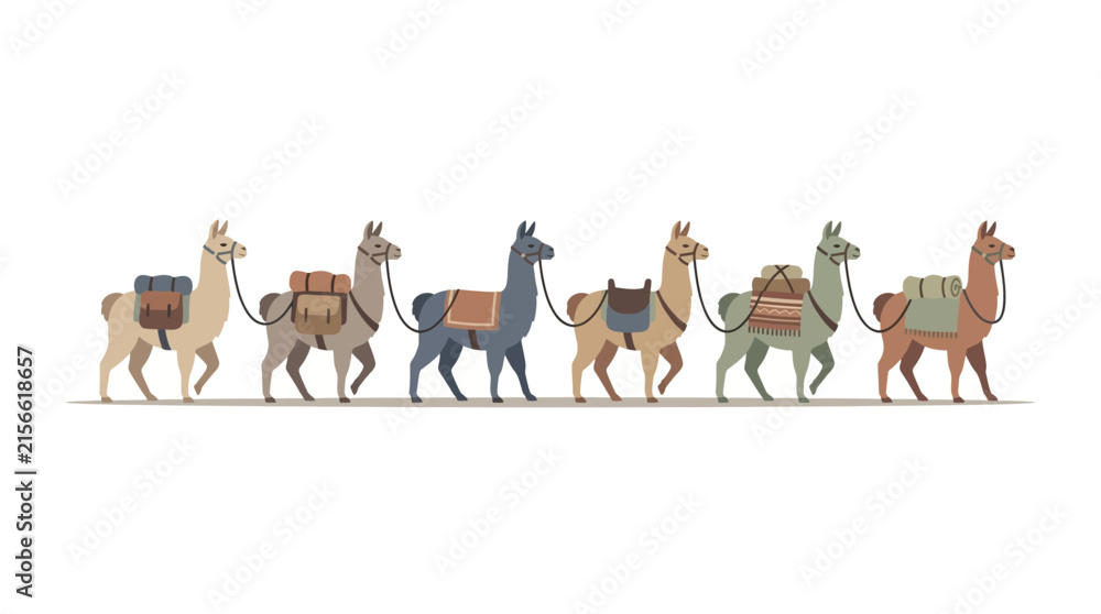 Naklejka premium Flat vector illustration of a caravan of llamas carrying packs