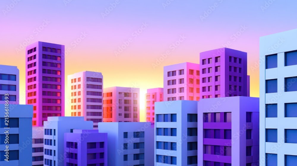 Fototapeta premium Vibrant city skyline with modern buildings under a colorful sunset sky, creating a serene urban scene