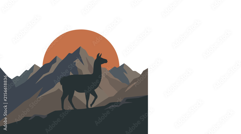 Naklejka premium Minimalist alpaca silhouette against mountain landscape and orange sun