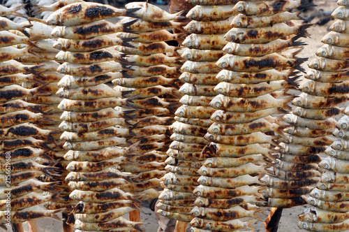 Madagascar, Morondava, Kimoni, close up on local grilled fish in high quantity
