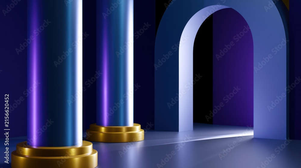 Fototapeta premium Elegant columns and archway illuminated with purple and blue, creating a serene and futuristic ambiance