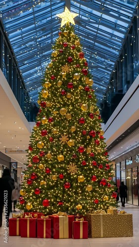 A large Christmas tree with ornaments and lights stands in a busy shopping mall during the holiday season