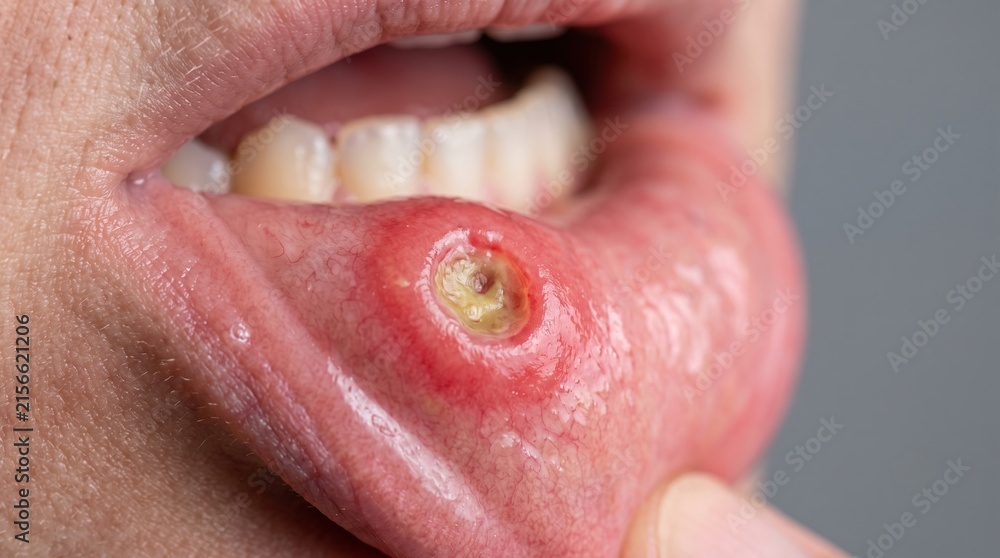 Fototapeta premium Severe aphthous ulcer and painful canker sore on inside of lower human lip