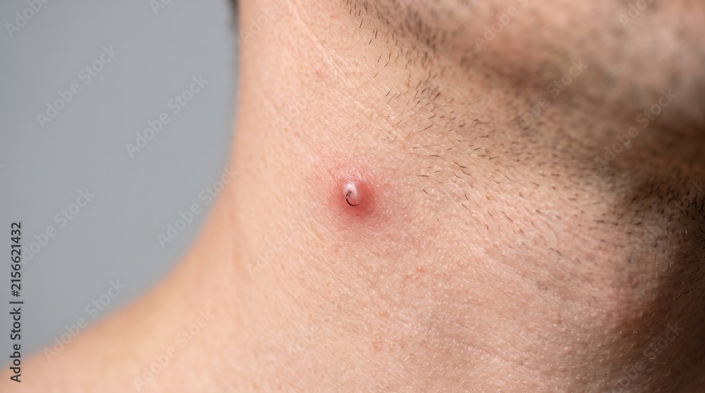 Fototapeta premium Close up macro shot of inflamed ingrown hair bump with pus on male neck skin