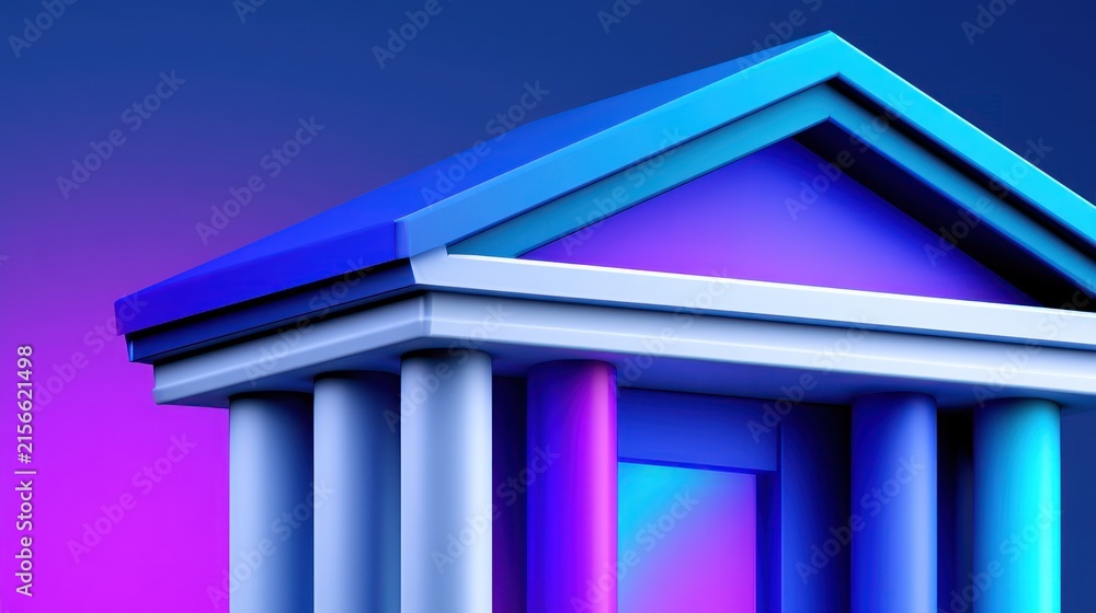 Fototapeta premium Modern abstract structure with columns and roof stands against gradient purple-blue sky