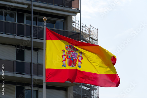 Flying national flag of European country of Spain at quayside of French city of Le Havre on a sunny summer day.. Photo taken July 14th, 2026, Le Havre, Normandie, France.