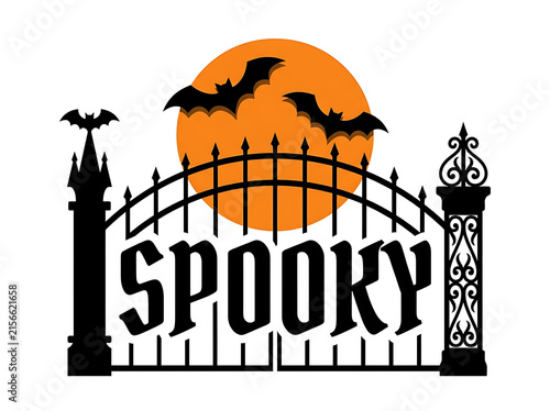 Spooky halloween scene with bats castle and orange moon vector illustration