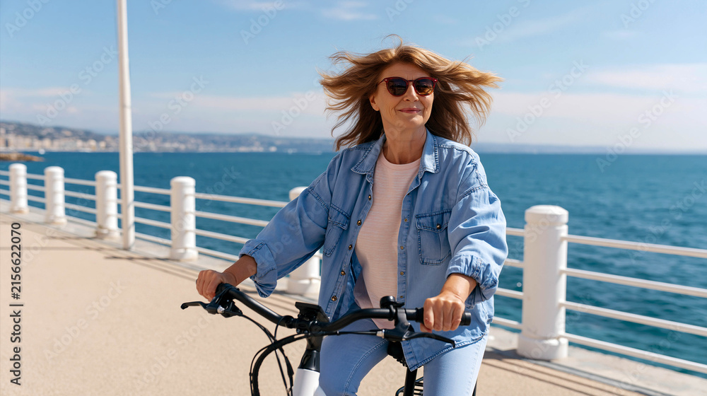 Fototapeta premium A happy elderly woman is cycling along the seafront promenade on a sunny day, enjoying outdoor activities, freedom, and a healthy lifestyle in her later years.