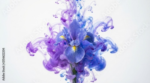 Purple iris flower with blue ink swirls, abstract floral explosion in water, artistic botanical macro on white background