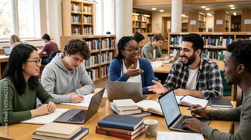 Diverse college students collaborating on a group project in a library