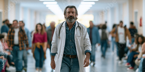 Doctor walking down hospital corridor with patients in background