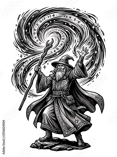 Mystic sorcerer summoning a magical portal with runes and a staff