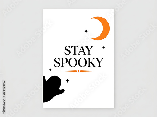 Stay spooky halloween poster with crescent moon and black cat silhouette on white background