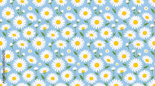 Seamless pattern of white daisy flowers on a light blue background