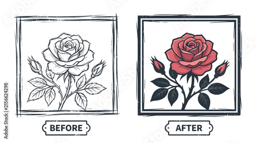 Before and After Rose Sketch to Color Illustration Comparison