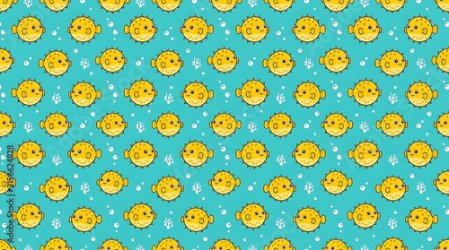 Seamless pattern with cute yellow cartoon pufferfish on teal