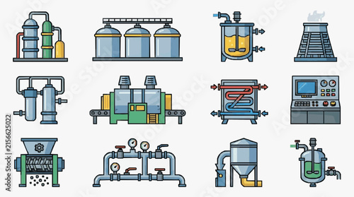 Dynamic Illustrated Collection of Industrial Processing Equipment and Machinery in Colorful Style