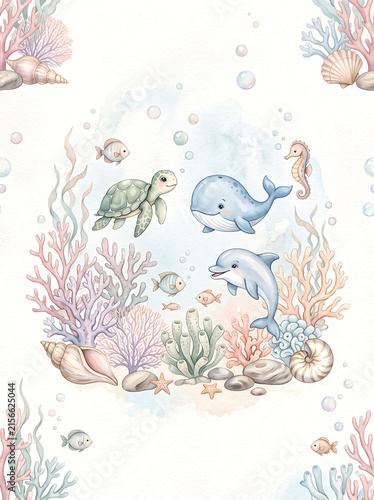 Watercolor illustration of cute sea animals including whale dolphin and turtle in a coral reef setting.
