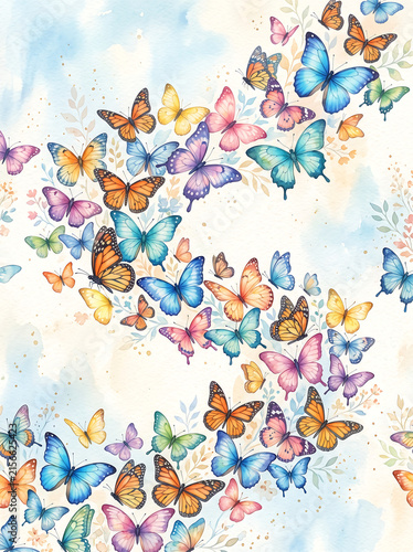 Watercolor painting of a swarm of colorful butterflies flying in a graceful swirling motion against a soft artistic background.