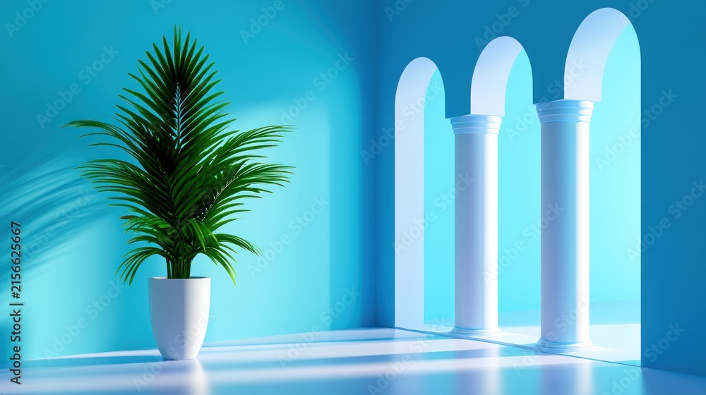 Fototapeta premium Sunlit room with a potted palm stands against vibrant blue walls and archways casting long shadows