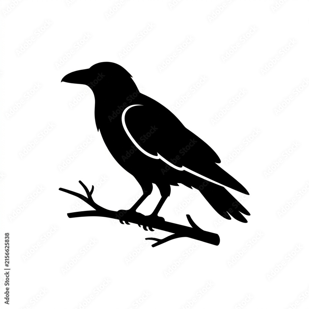 Fototapeta premium Black crow perched on bare branch in silhouette. Dark bird outline against bright white backdrop for graphic design.