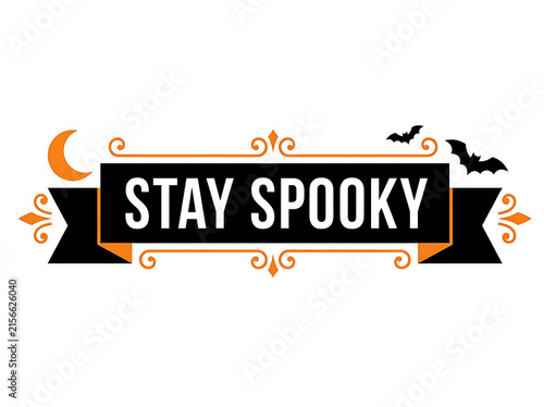 Stay spooky halloween banner with bats and crescent moon on a white background