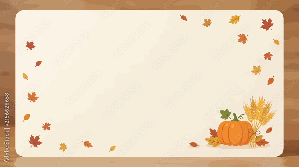 Fototapeta premium Greeting card template decorated with a pumpkin and wheat stalks lies on a wooden background.